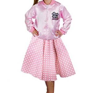 Disfraz de rock and roll rosa para mujer con falda de lunares Disfraz de rock and roll de los anos 60 Falda larga rosa claro con lunares blancos y chaqueta rosa LARGE 0
